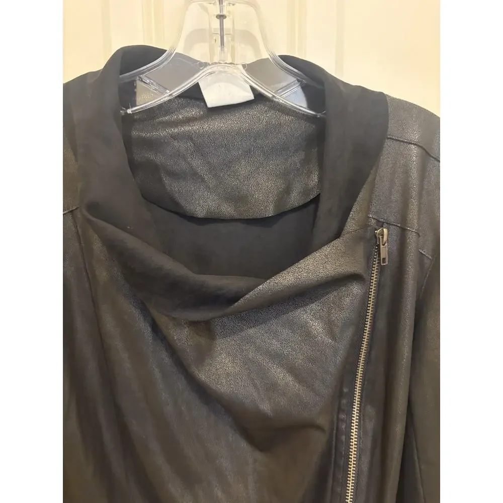 Mote Women's Black Faux Leather Moto Bomber Jacket Asymmetrical Zip L